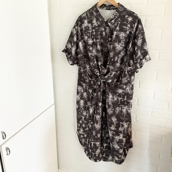 Old Navy Midi Shirt Dress Collared Southwestern print Black White Gray Bow 2X - Picture 3 of 12